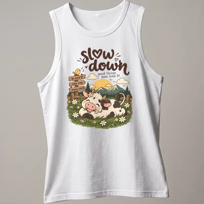 Kawaii cow design with colorful text encouraging kindness and enjoying life — printed on a tank top