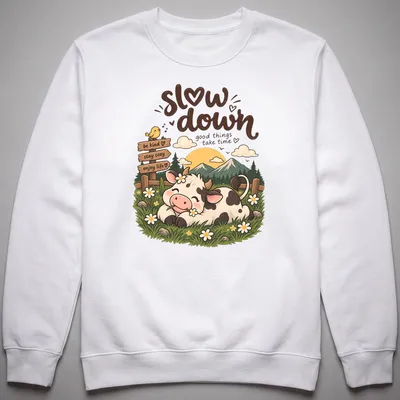 Kawaii cow design with colorful text encouraging kindness and enjoying life — printed on a unisex sweatshirt
