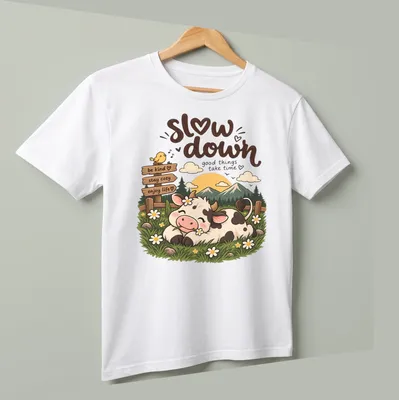 Kawaii cow design with colorful text encouraging kindness and enjoying life — printed on a unisex t-shirt (angled view)