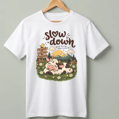 Kawaii cow design with colorful text encouraging kindness and enjoying life