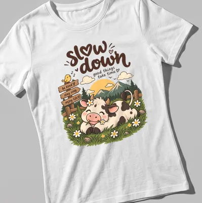 Kawaii cow design with colorful text encouraging kindness and enjoying life — printed on a women's shirt