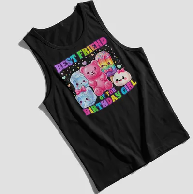 Kawaii print featuring dumpling, candy, bear, ice, and popsicle with text for birthday girls — printed on a tank top