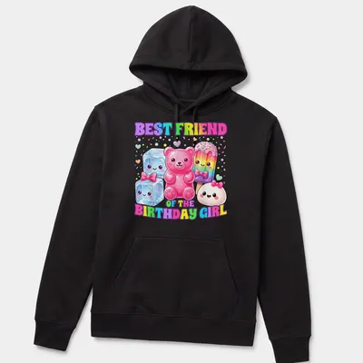 Kawaii print featuring dumpling, candy, bear, ice, and popsicle with text for birthday girls — printed on a unisex hoodie