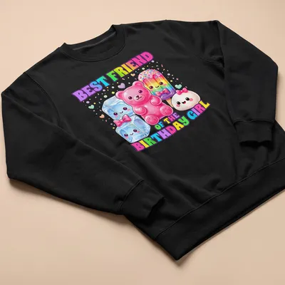 Kawaii print featuring dumpling, candy, bear, ice, and popsicle with text for birthday girls — printed on a unisex sweatshirt