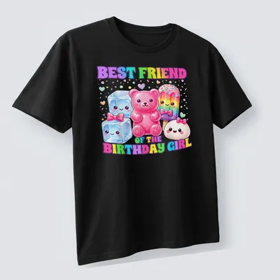 Kawaii print featuring dumpling, candy, bear, ice, and popsicle with text for birthday girls — printed on a unisex t-shirt (angled view)