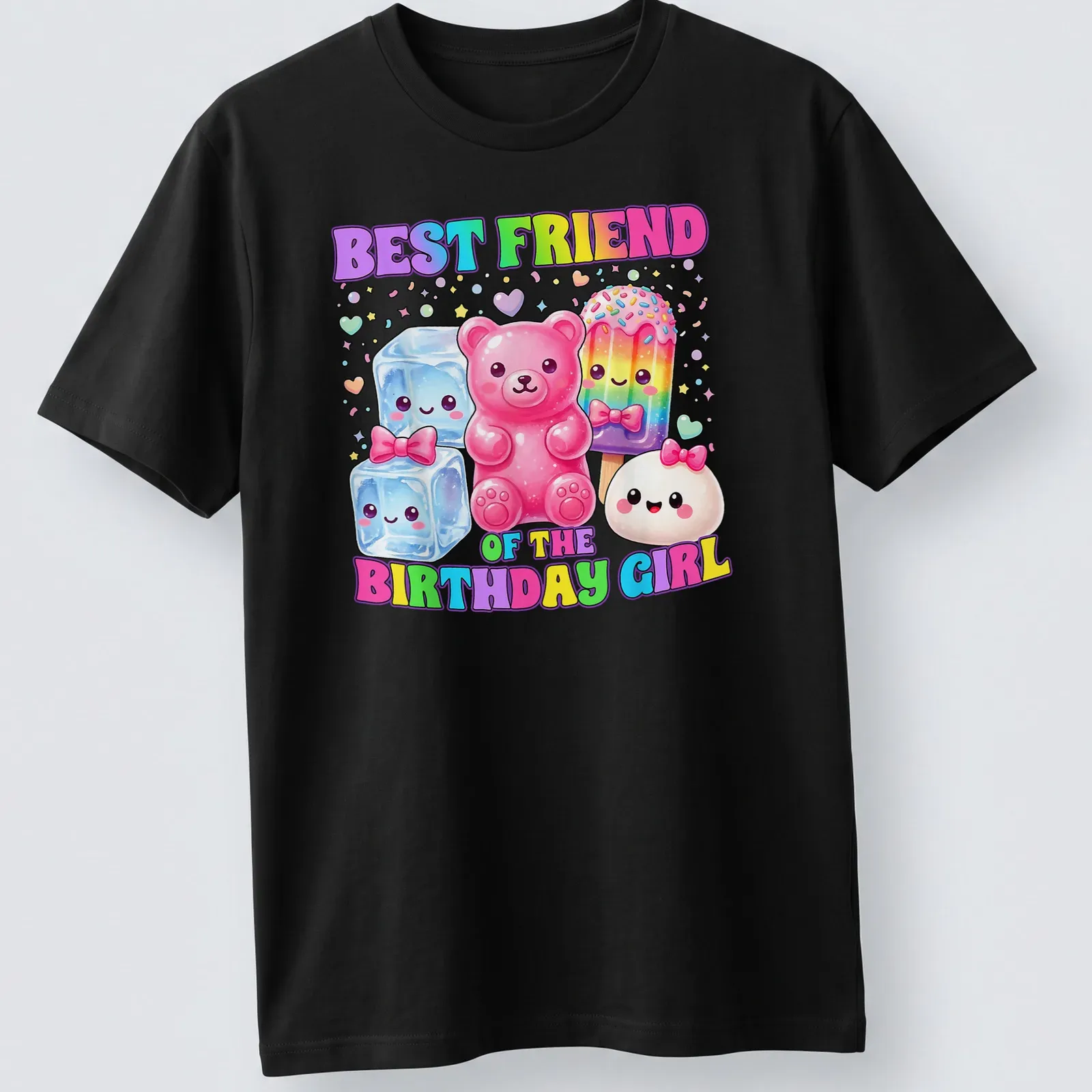 Kawaii print featuring dumpling, candy, bear, ice, and popsicle with text for birthday girls — printed on a unisex t-shirt