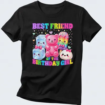 Kawaii print featuring dumpling, candy, bear, ice, and popsicle with text for birthday girls — printed on a women's shirt