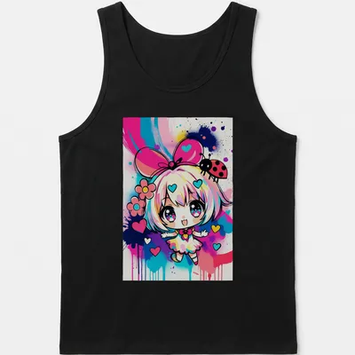 Kawaii girl surrounded by colorful hearts and ladybug in pop art style — printed on a tank top