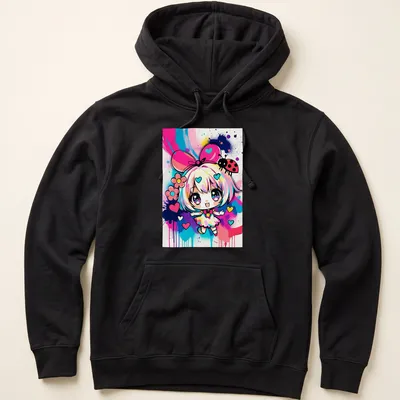 Kawaii girl surrounded by colorful hearts and ladybug in pop art style — printed on a unisex hoodie