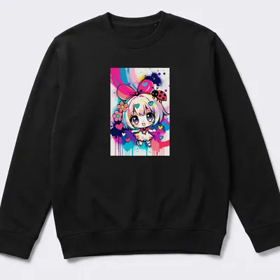 Kawaii girl surrounded by colorful hearts and ladybug in pop art style — printed on a unisex sweatshirt