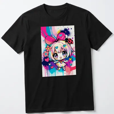 Kawaii girl surrounded by colorful hearts and ladybug in pop art style