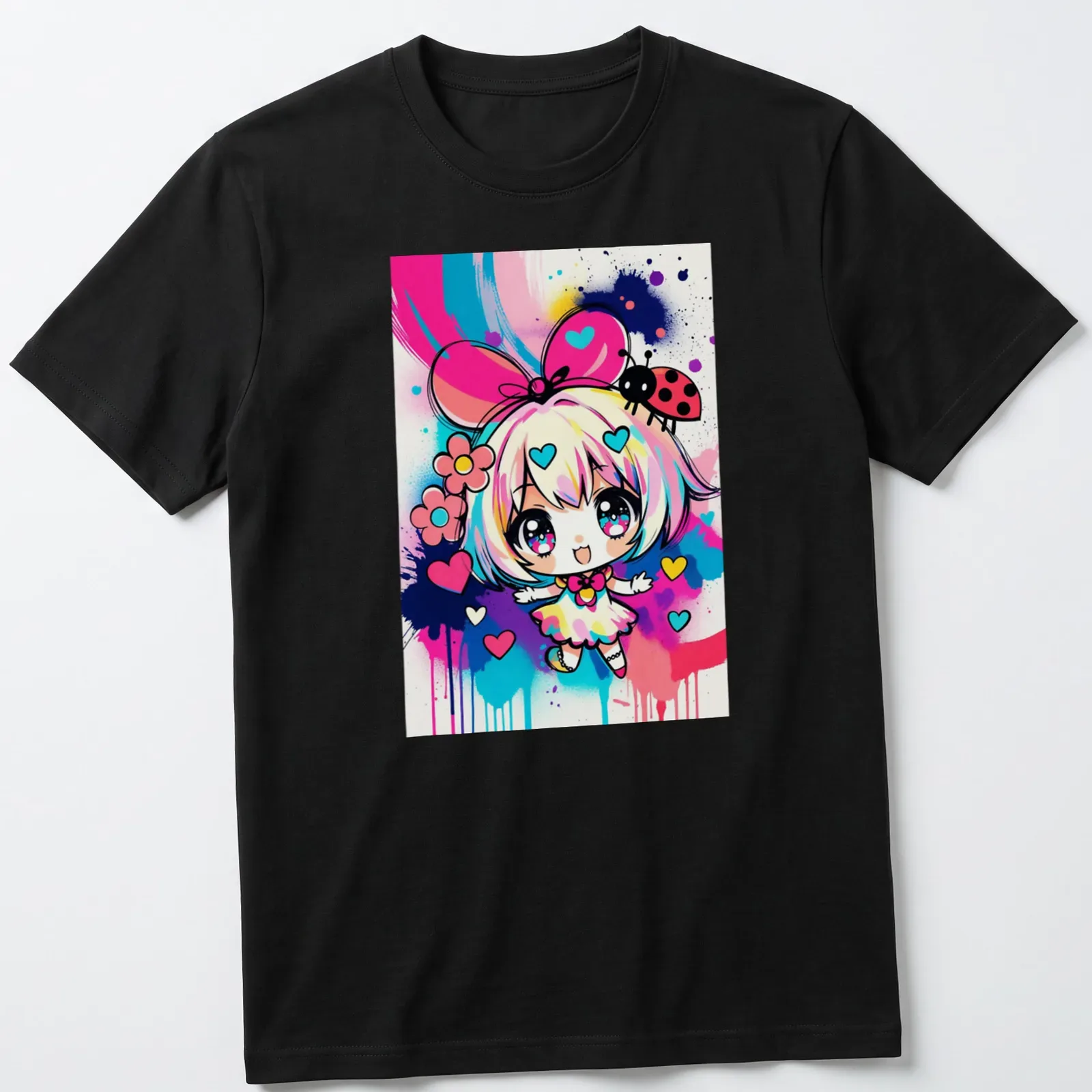 Kawaii girl surrounded by colorful hearts and ladybug in pop art style — printed on a unisex t-shirt