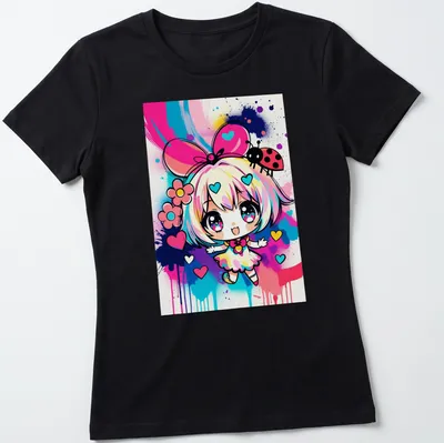 Kawaii girl surrounded by colorful hearts and ladybug in pop art style — printed on a women's shirt