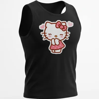 Kawaii Hello Kitty in line-art style surrounded by hearts in pink and white — printed on a tank top