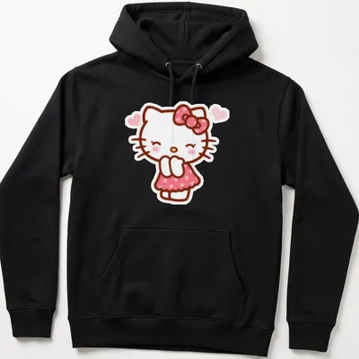 Kawaii Hello Kitty in line-art style surrounded by hearts in pink and white — printed on a unisex hoodie