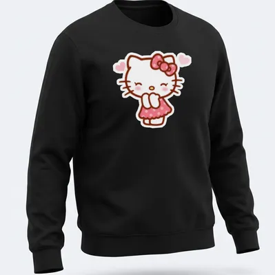 Kawaii Hello Kitty in line-art style surrounded by hearts in pink and white — printed on a unisex sweatshirt