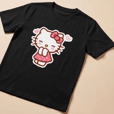 Kawaii Hello Kitty in line-art style surrounded by hearts in pink and white