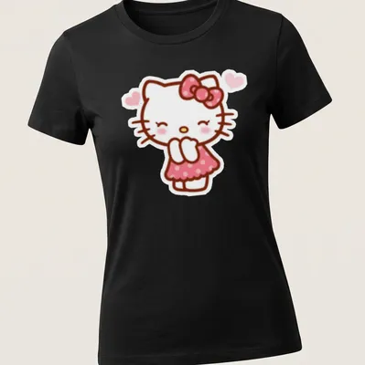 Kawaii Hello Kitty in line-art style surrounded by hearts in pink and white — printed on a women's shirt