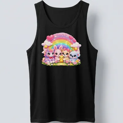 Kawaii animals with rainbow and hearts in pastel colors on — printed on a tank top