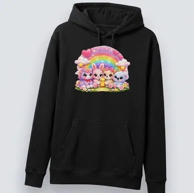 Kawaii animals with rainbow and hearts in pastel colors on — printed on a unisex hoodie