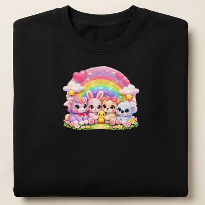 Kawaii animals with rainbow and hearts in pastel colors on — printed on a unisex sweatshirt