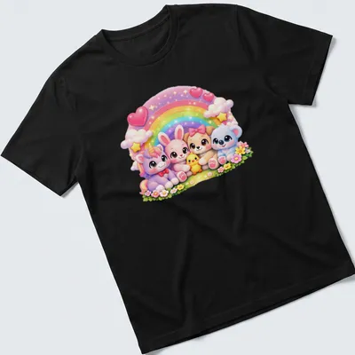 Kawaii animals with rainbow and hearts in pastel colors on t-shirt