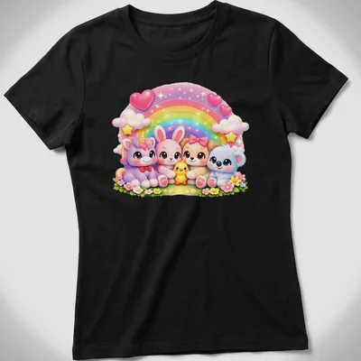 Kawaii animals with rainbow and hearts in pastel colors on — printed on a women's shirt
