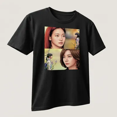 Comic book style illustration of KDrama actresses in pastel colors — printed on a unisex t-shirt (angled view)