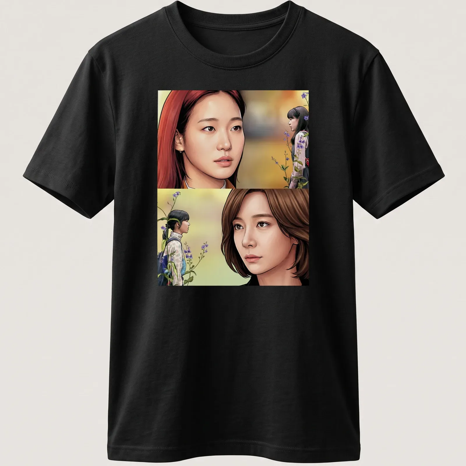 Comic book style illustration of KDrama actresses in pastel colors — printed on a unisex t-shirt
