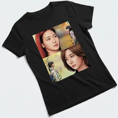 Comic book style illustration of KDrama actresses in pastel colors — printed on a women's shirt