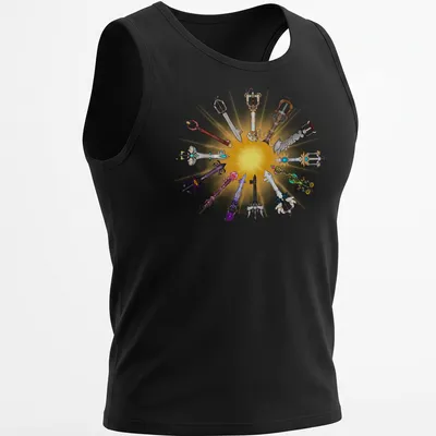 Illustration of various Keyblades in gold, blue, purple, red, black, and silver — printed on a tank top