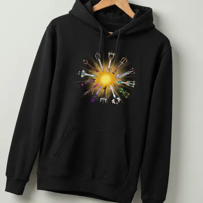Illustration of various Keyblades in gold, blue, purple, red, black, and silver — printed on a unisex hoodie