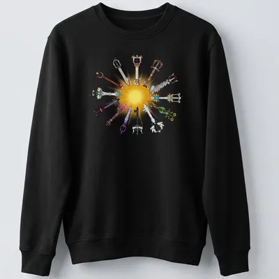Illustration of various Keyblades in gold, blue, purple, red, black, and silver — printed on a unisex sweatshirt