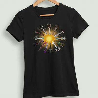 Illustration of various Keyblades in gold, blue, purple, red, black, and silver — printed on a women's shirt