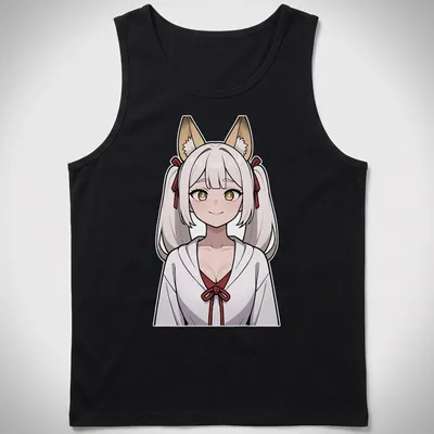 Illustration of a sultry Kitsune Miko in anime style with fox features — printed on a tank top