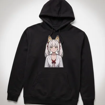 Illustration of a sultry Kitsune Miko in anime style with fox features — printed on a unisex hoodie