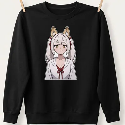 Illustration of a sultry Kitsune Miko in anime style with fox features — printed on a unisex sweatshirt