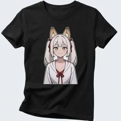 Illustration of a sultry Kitsune Miko in anime style with fox features — printed on a women's shirt