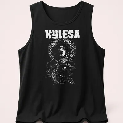 Illustrative design of a woman with floral halo and the text Kylesa Woman Of Wisdom — printed on a tank top