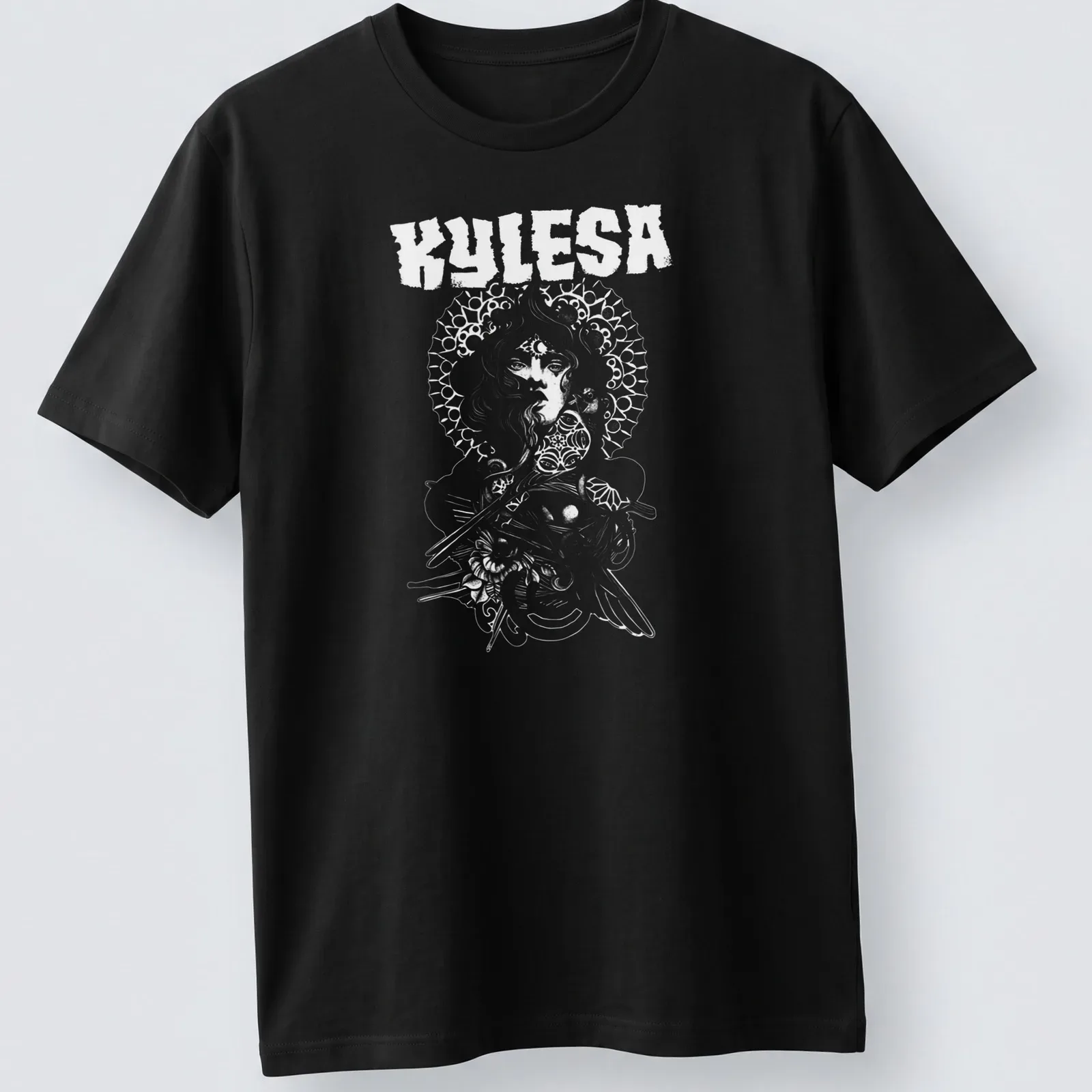 Illustrative design of a woman with floral halo and the text Kylesa Woman Of Wisdom — printed on a unisex t-shirt