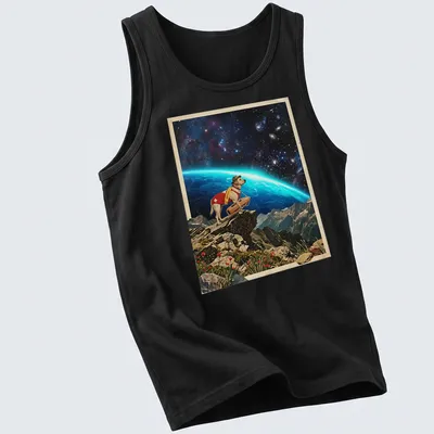 Labrador lifeguard t-shirt featuring a dog scanning a cosmic shoreline in vintage style — printed on a tank top
