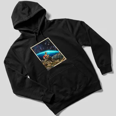 Labrador lifeguard t-shirt featuring a dog scanning a cosmic shoreline in vintage style — printed on a unisex hoodie