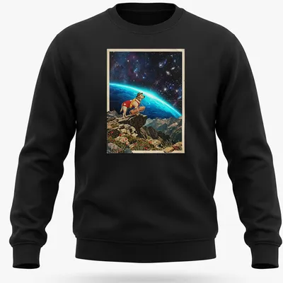 Labrador lifeguard t-shirt featuring a dog scanning a cosmic shoreline in vintage style — printed on a unisex sweatshirt