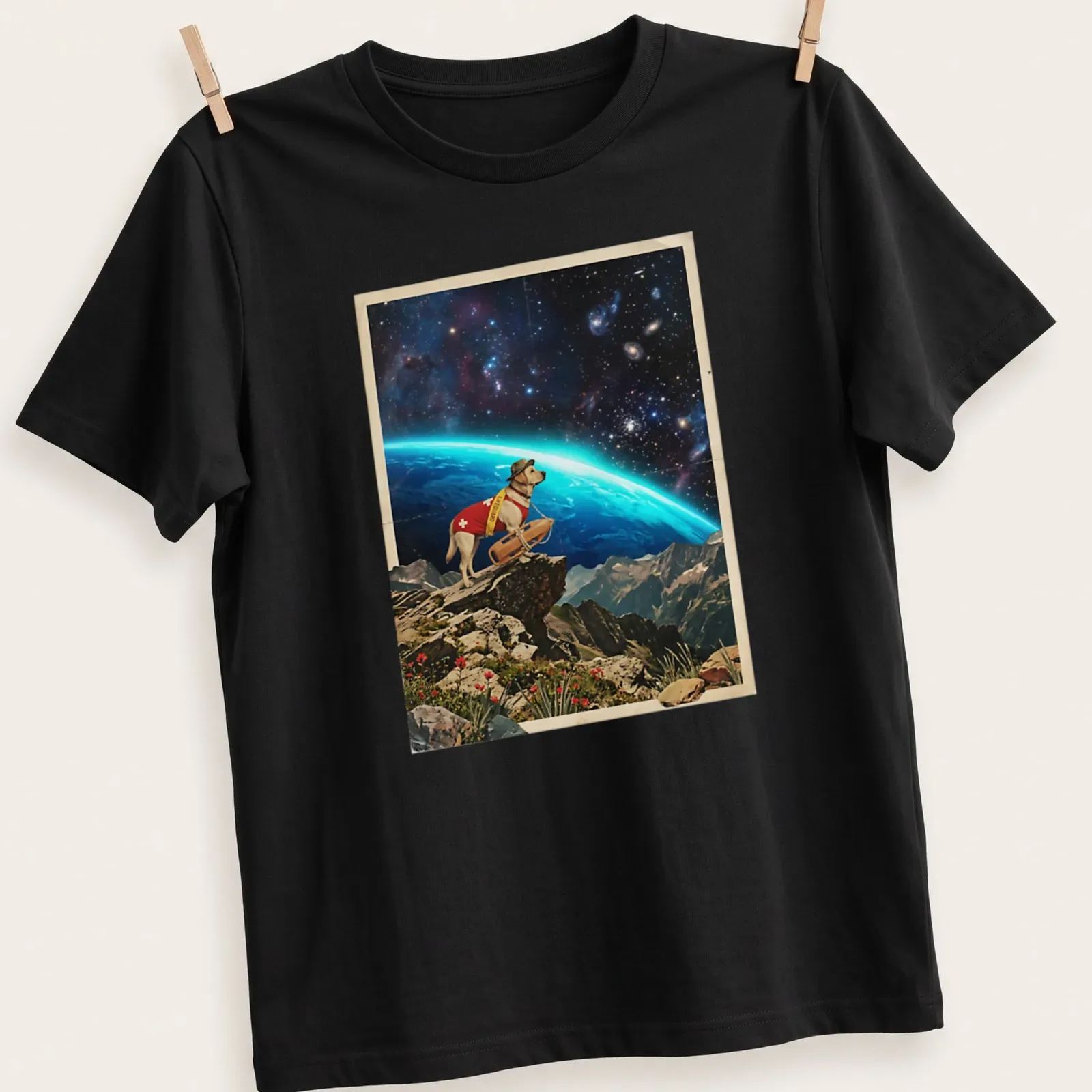 Labrador lifeguard t-shirt featuring a dog scanning a cosmic shoreline in vintage style — printed on a unisex t-shirt