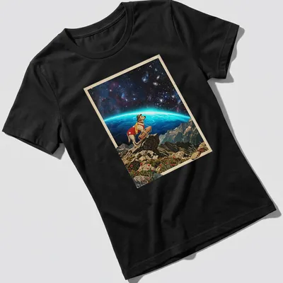 Labrador lifeguard t-shirt featuring a dog scanning a cosmic shoreline in vintage style — printed on a women's shirt