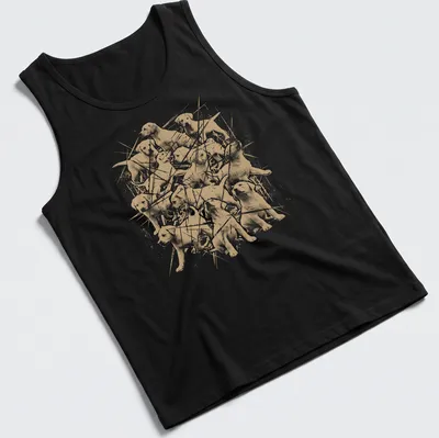 Grunge-style T-shirt featuring playful Labrador puppies in beige and white — printed on a tank top