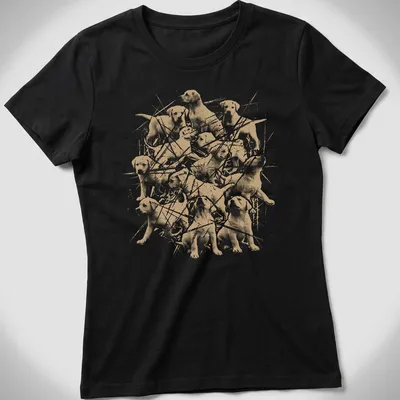 Grunge-style T-shirt featuring playful Labrador puppies in beige and white — printed on a women's shirt