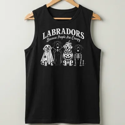 Funny cartoon t-shirt featuring Labradors in Halloween costumes and text — printed on a tank top