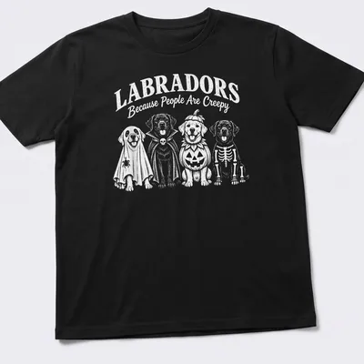 Funny cartoon t-shirt featuring Labradors in Halloween costumes and text