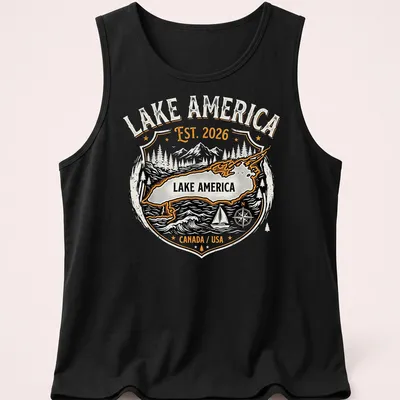 Vintage badge style Lake America t-shirt with nostalgic design — printed on a tank top